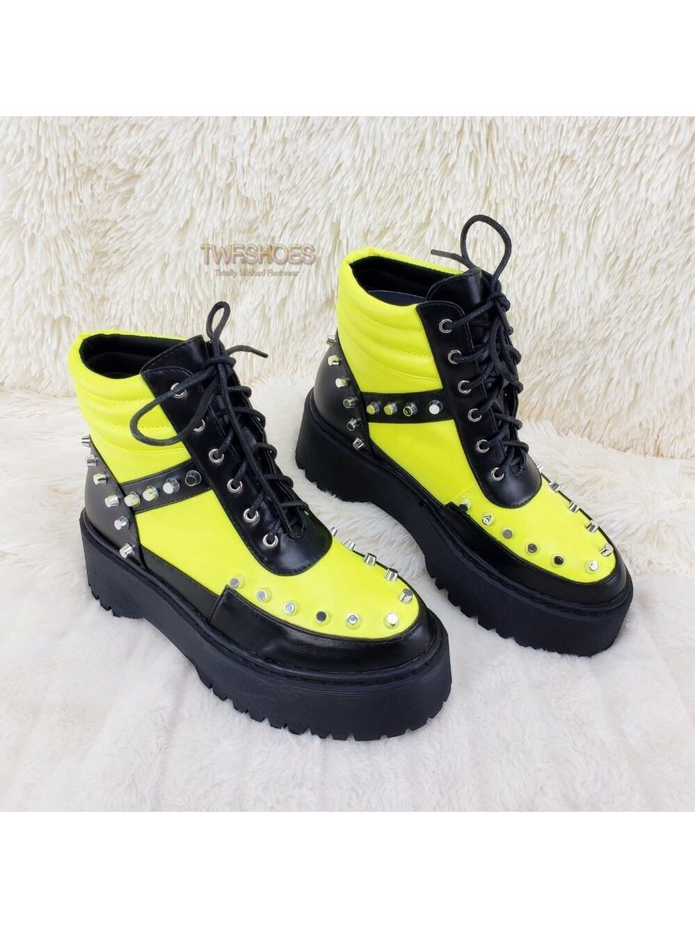 NEW Emo Punk Studded Combat Platform Sneaker Boots Lime Black
